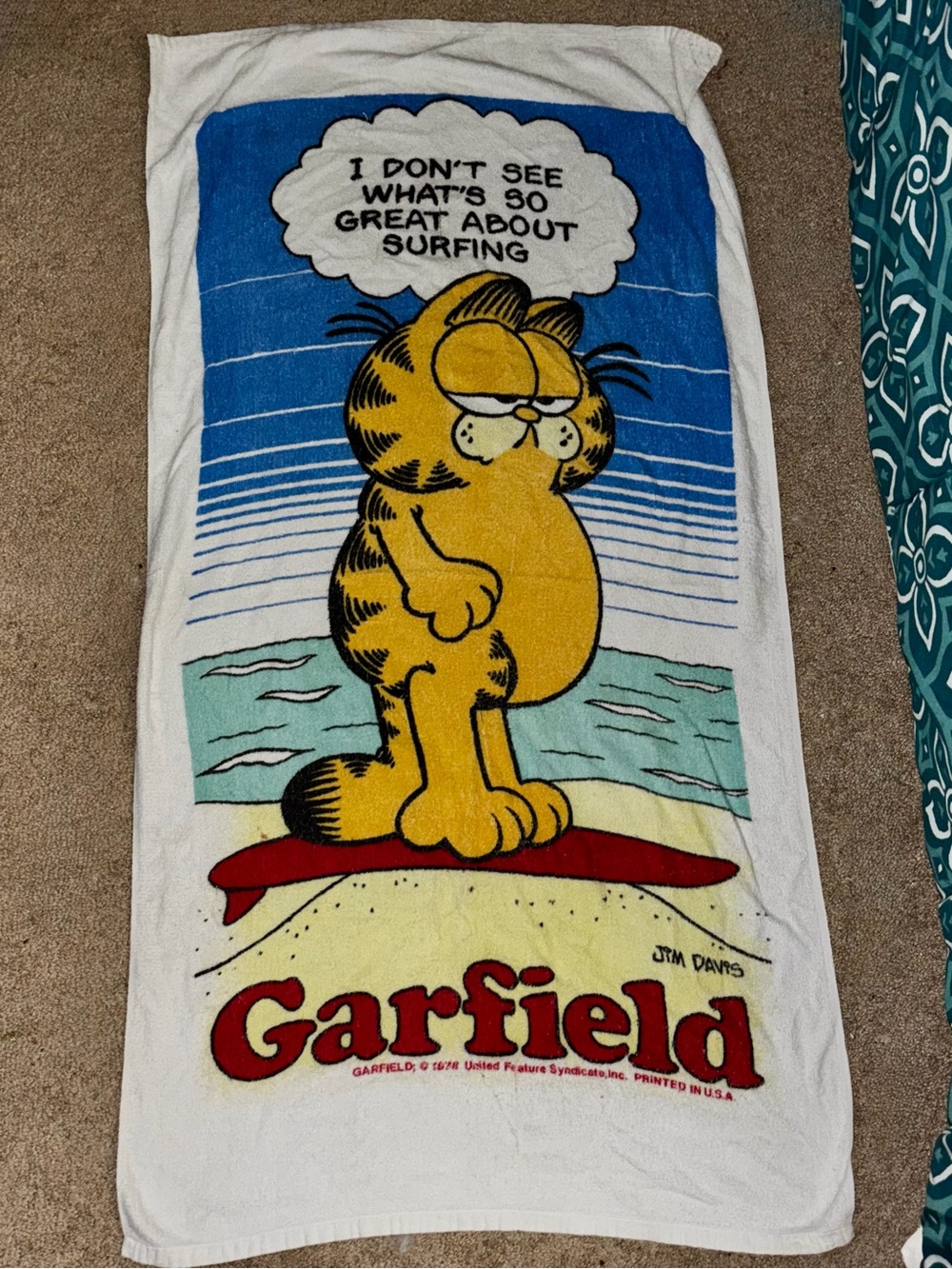 Vintage 80s Garfield Beach Towel - Graphic Cartoon - White